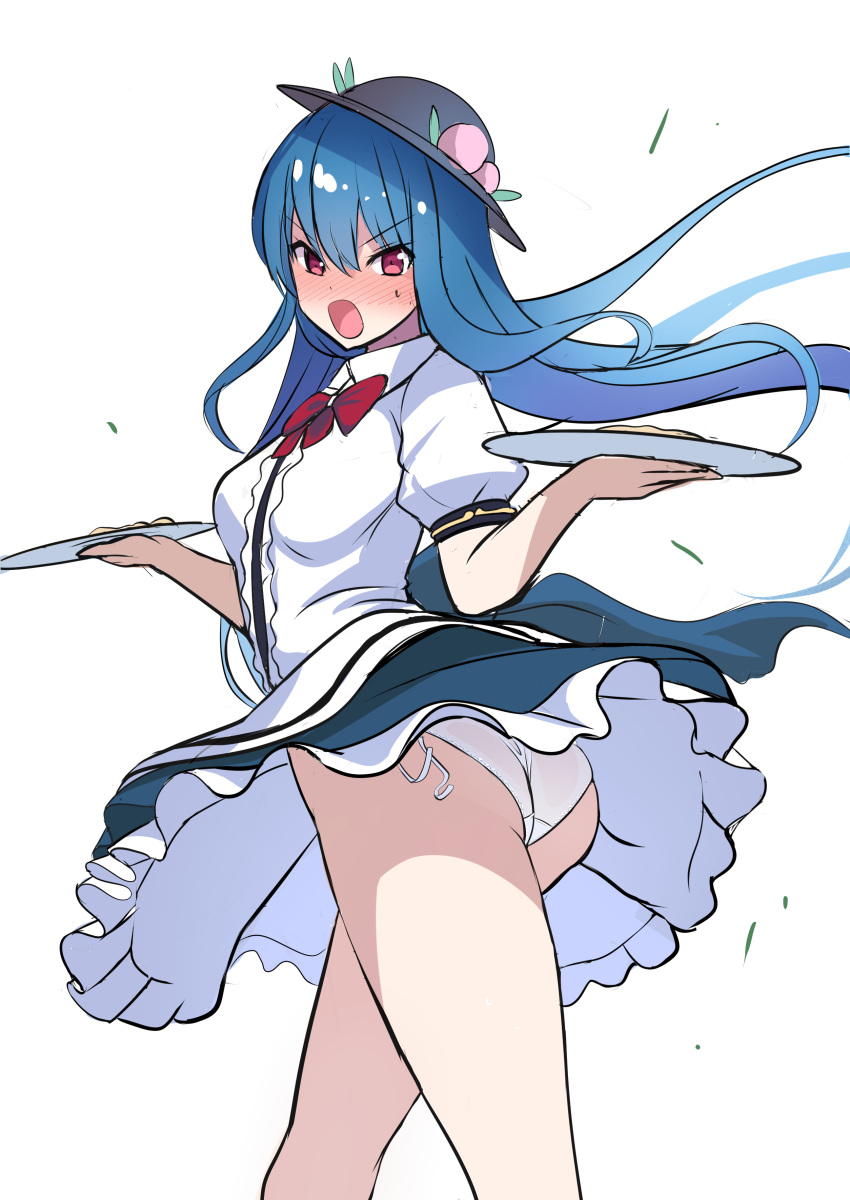 1girl :o absurdres amisu arms_up ass bangs black_headwear blue_hair blue_skirt blush breasts center_frills clothes_lift commentary_request dot_nose embarrassed eyebrows_visible_through_hair eyelashes feet_out_of_frame frilled_skirt frills fruit_hat_ornament hat highres hinanawi_tenshi holding holding_plate large_breasts long_hair looking_at_viewer nose_blush one-hour_drawing_challenge open_mouth panties peach_hat_ornament plate puffy_short_sleeves puffy_sleeves red_eyes red_neckwear red_ribbon ribbon shiny shiny_hair shirt short_sleeves simple_background skirt skirt_lift solo standing sweatdrop thighs touhou underwear upskirt v-shaped_eyebrows white_background white_panties white_shirt wind wind_lift wing_collar