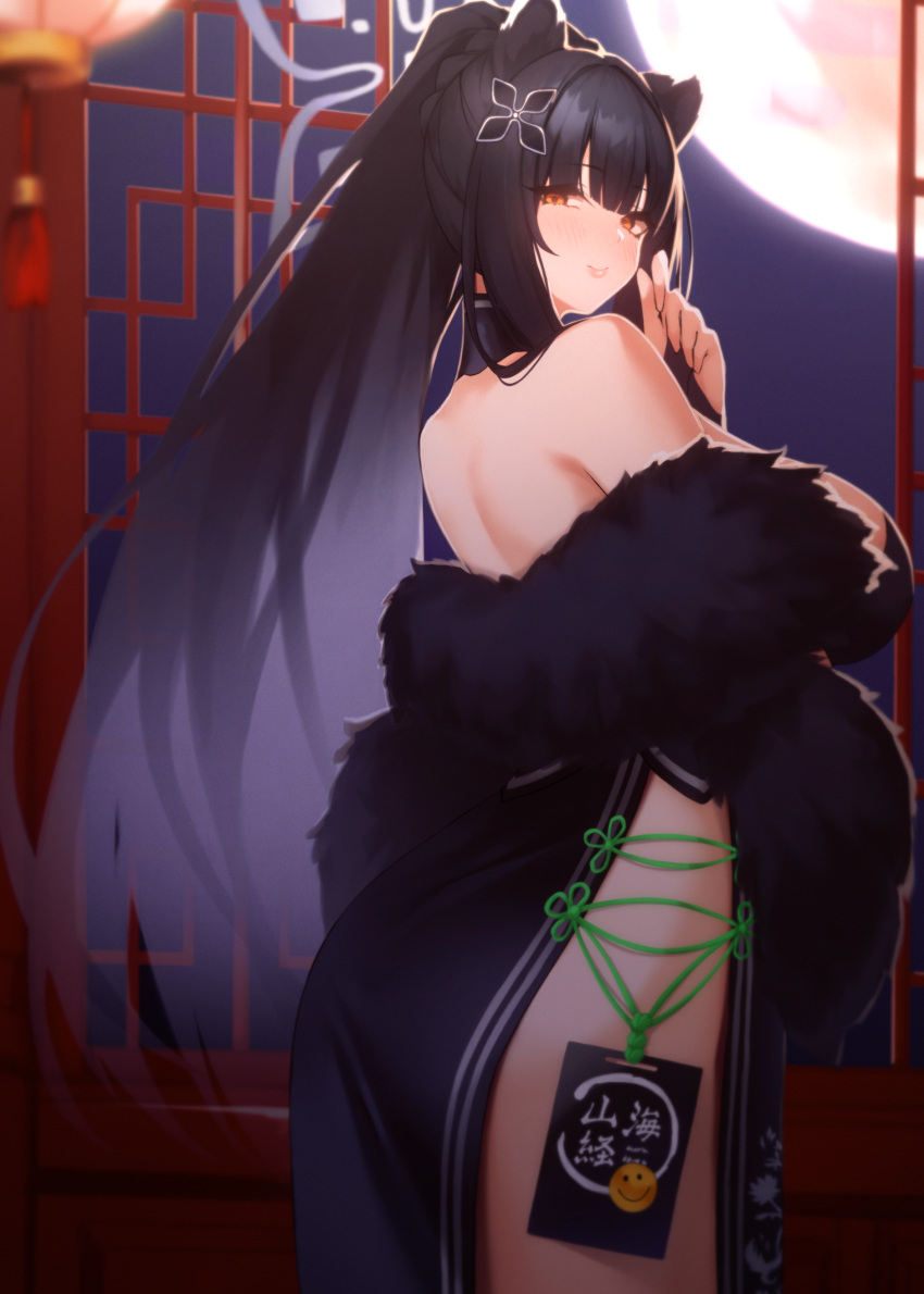 1girl absurdres animal_ears ass bangs black_dress black_hair blue_archive blunt_bangs blush breasts china_dress chinese_clothes commentary_request dress from_behind hair_ornament halo high_ponytail highres indoors large_breasts lips long_hair looking_at_viewer moon moonlight night night_sky off_shoulder open_window shun_(blue_archive) side_slit sky smile solo taiyou-n tiger_ears tiger_girl very_long_hair window yellow_eyes