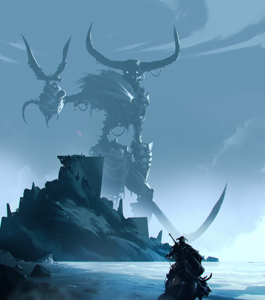 1other absurdres ambiguous_gender animal day dragon fake_horns from_behind giant glowing glowing_eyes hand_up helmet highres holding holding_weapon horned_helmet horns horse kalmahul looking_at_another monster mountain ocean original riding shield spine water weapon weapon_on_back