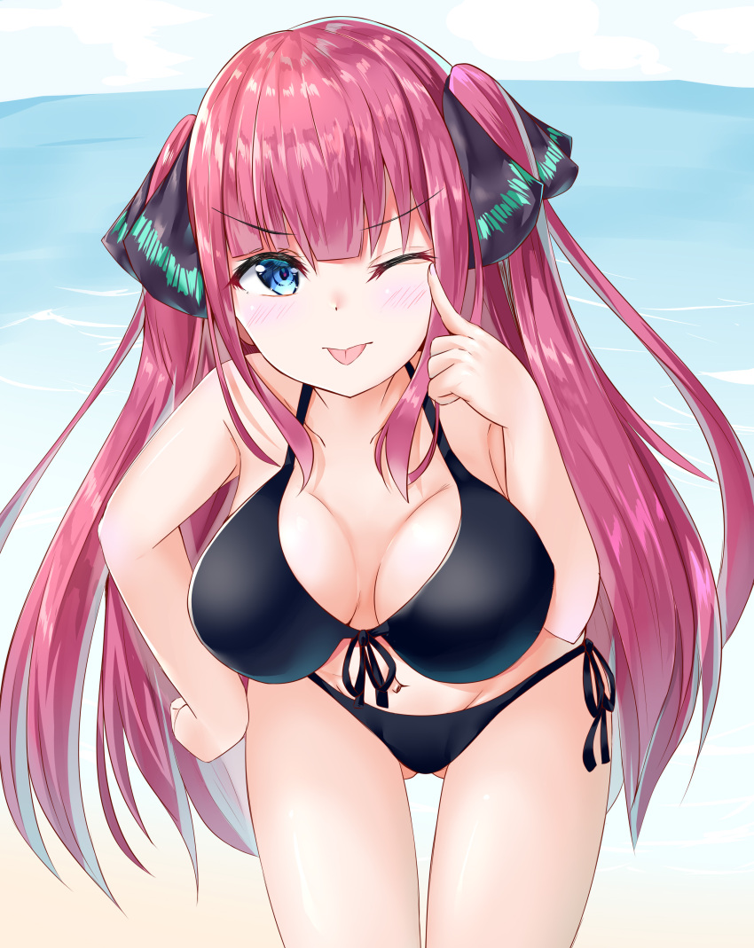 absurdres akanbe ass_visible_through_thighs bangs bikini black_bikini black_ribbon blue_eyes blunt_bangs blush breasts butterfly_hair_ornament front-tie_top go-toubun_no_hanayome hair_ornament hand_on_hip highres hime_cut large_breasts leaning_forward long_hair looking_at_viewer micosiva nakano_nino ocean one_eye_closed pink_hair ribbon side-tie_bikini swimsuit thick_thighs thighs tongue tongue_out twintails v-shaped_eyebrows