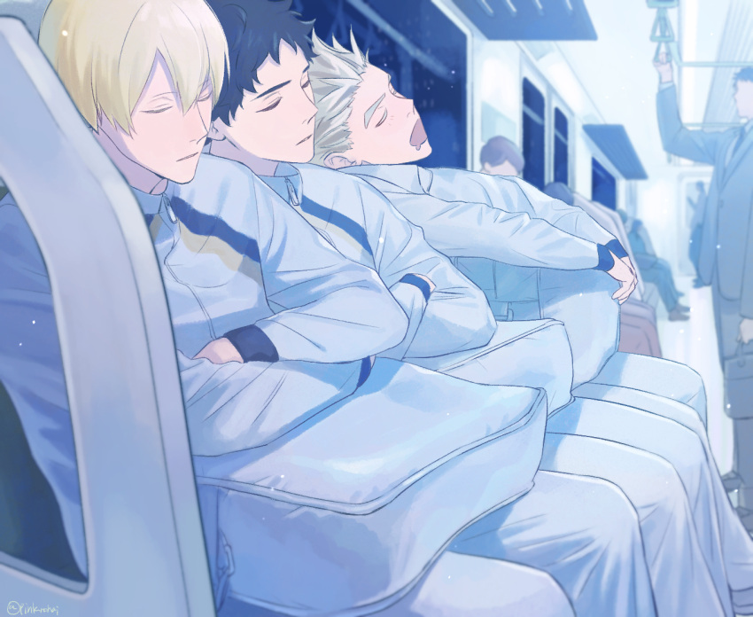 3boys akaashi_keiji bag black_hair blonde_hair bokuto_koutarou closed_eyes closed_mouth commentary_request haikyuu!! jacket konoha_akinori long_sleeves multiple_boys open_mouth pants pinkurohai sitting sleeping sleeping_on_person sleeping_upright sportswear track_jacket track_pants train_interior twitter_username