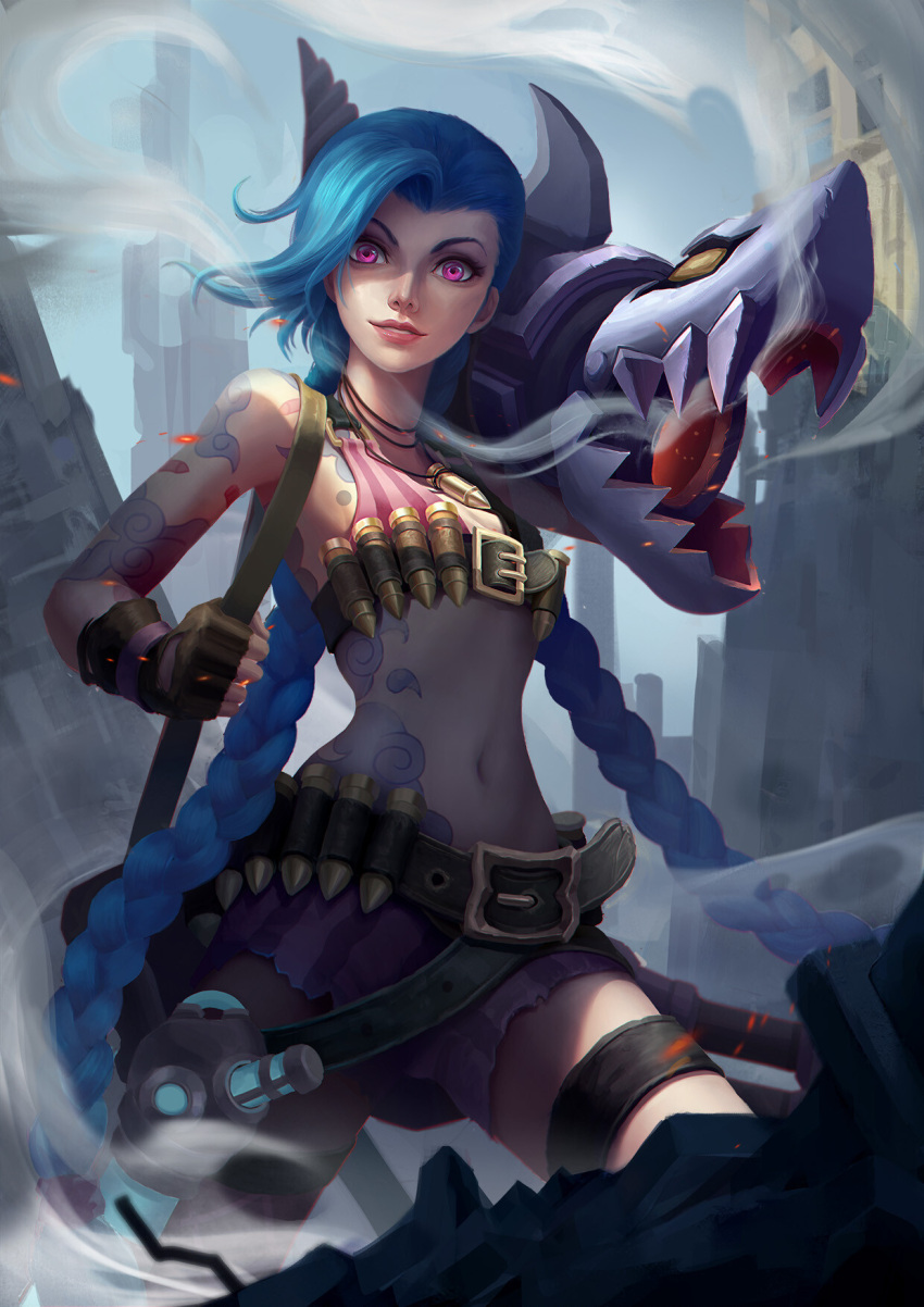 1girl asymmetrical_bangs bangs bare_shoulders blue_hair braid breasts brown_gloves bullet commentary_request explosive fingerless_gloves gloves grenade gun highres holding jewelry jinx_(league_of_legends) league_of_legends long_hair looking_at_viewer navel outdoors over_shoulder pink_eyes pink_shorts qi_fen_tang rocket_launcher ruins shorts smile solo tattoo thigh-highs twin_braids very_long_hair weapon weapon_over_shoulder