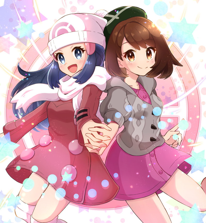 2girls :d bangs beanie black_hair blush bob_cut brown_eyes brown_hair buttons cable_knit cardigan closed_mouth coat collared_dress commentary_request dress eyelashes gloria_(pokemon) green_headwear grey_cardigan grey_eyes hair_ornament hairclip haru_(haruxxe) hat highres hikari_(pokemon) holding_hands hooded_cardigan long_hair long_sleeves looking_at_viewer multiple_girls open_mouth over-kneehighs pink_dress pokemon pokemon_(game) pokemon_dppt pokemon_platinum pokemon_swsh red_coat scarf short_hair sidelocks smile split_mouth star_(symbol) tam_o'_shanter thigh-highs tongue white_headwear white_legwear white_scarf