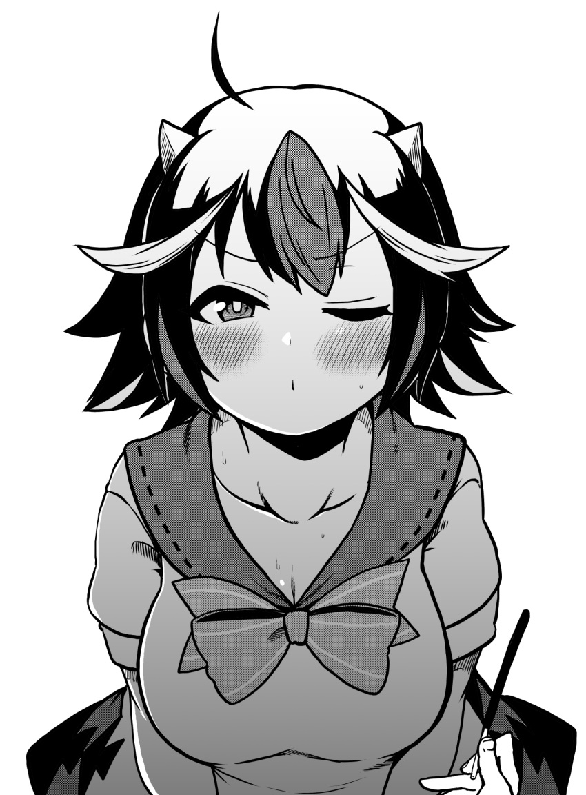 1girl ahoge blush bow breasts collarbone food greyscale highres himajin_noizu holding holding_food holding_pocky horns kijin_seija monochrome multicolored_hair one_eye_closed pocky short_sleeves simple_background solo_focus streaked_hair touhou upper_body
