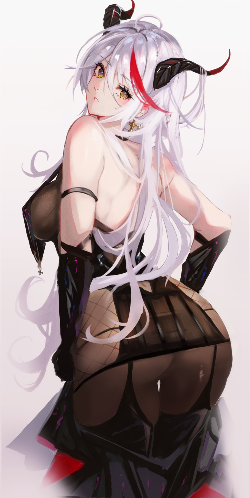 1girl absurdres aegir_(azur_lane) ass azur_lane bangs bare_shoulders black_gloves blush breasts earrings elbow_gloves eyebrows_visible_through_hair from_behind gloves gradient gradient_background hair_between_eyes highres horns jewelry large_breasts long_hair looking_at_viewer looking_back multicolored_hair panipo parted_lips redhead silver_hair simple_background solo streaked_hair thighs yellow_eyes