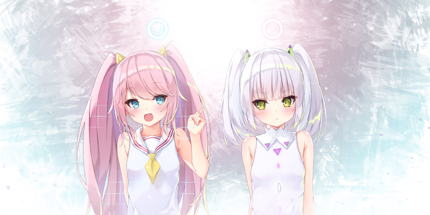 2girls ^_^ absurdres aqua_eyes arms_at_sides bangs bare_arms blush closed_eyes closed_mouth hair_ornament hand_up highres kakoto long_hair looking_at_viewer medium_hair multiple_girls open_mouth original pink_hair pointing pointing_up sailor_collar school_uniform second-party_source serafuku silver_hair sleeveless two_side_up upper_body yellow_eyes
