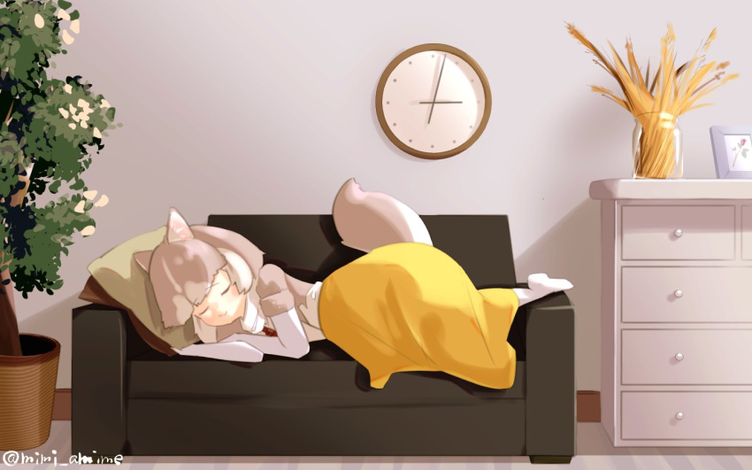 1girl :3 animal_ears bangs blanket clock closed_mouth couch dog_(mixed_breed)_(kemono_friends) dog_ears dog_tail eyebrows_visible_through_hair gloves grey_hair grey_jacket jacket kemono_friends leash mimi_(mimi_amime) multicolored_hair pillow sleeping smile tail twitter_username white_gloves