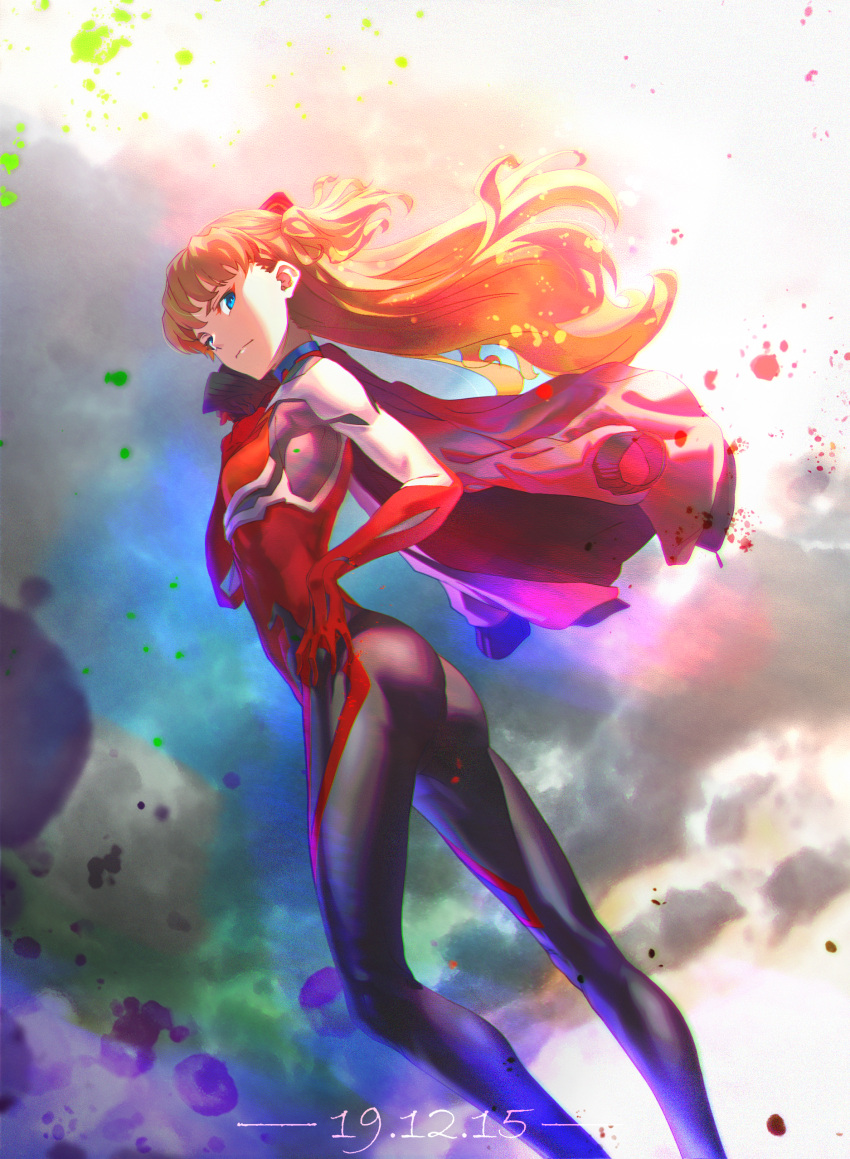 1girl absurdres ass blue_eyes bodysuit carrying_over_shoulder dated dragonashen0201 hairpods hand_on_hip highres holding holding_clothes holding_jacket jacket jacket_over_shoulder jacket_removed long_hair looking_at_viewer multicolored_bodysuit multicolored_clothes neon_genesis_evangelion orange_hair paint_splatter pilot_suit plugsuit red_bodysuit red_jacket skin_tight solo souryuu_asuka_langley standing