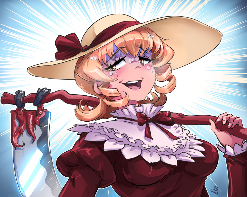 blonde_hair blush bow breasts brown_dress david_hrusa dress elly_(touhou) eyebrows_visible_through_hair eyelashes hat hat_bow highres juliet_sleeves long_sleeves medium_breasts medium_hair nervous open_mouth puffy_sleeves red_ribbon ribbon scythe sun_hat sweatdrop teeth touhou touhou_(pc-98) upper_body upper_teeth white_headwear yellow_eyes