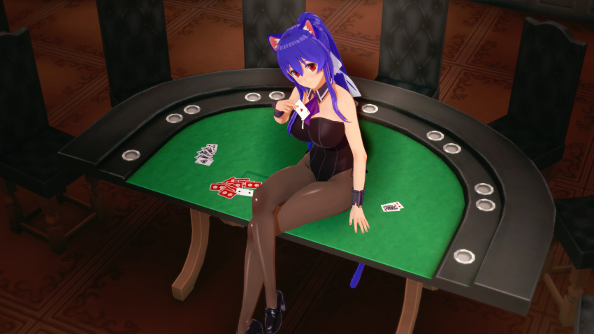 1girl 3d bangs blue_hair blush cat_ears cat_girl cat_tail detached_sleeves dog_days eyebrows_visible_through_hair kittysuit large_breasts leotard long_hair looking_at_viewer pantyhose ponytail red_eyes ribbon rouge_piesmonte sitting solo wrist_cuffs
