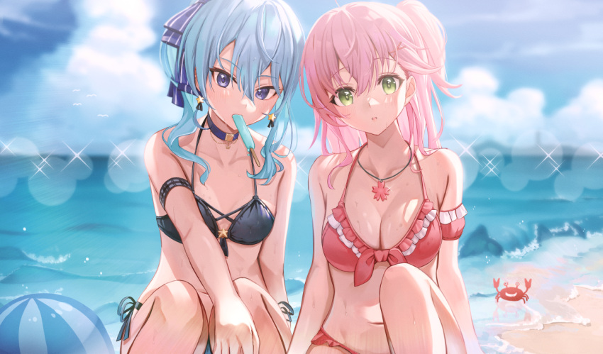 2girls ball bangs beach beachball bikini black_bikini blue_choker blue_eyes blue_hair blue_ribbon blush breasts chinese_commentary choker commentary_request commission day eyebrows_visible_through_hair food food_in_mouth green_eyes hair_between_eyes hair_ribbon halter_top halterneck hololive hoshimachi_suisei jewelry long_hair looking_at_viewer medium_breasts mouth_hold multiple_girls navel necklace outdoors pink_hair popsicle red_bikini ribbon sakura_miko sanada_keisui second-party_source side-tie_bikini smile swimsuit virtual_youtuber