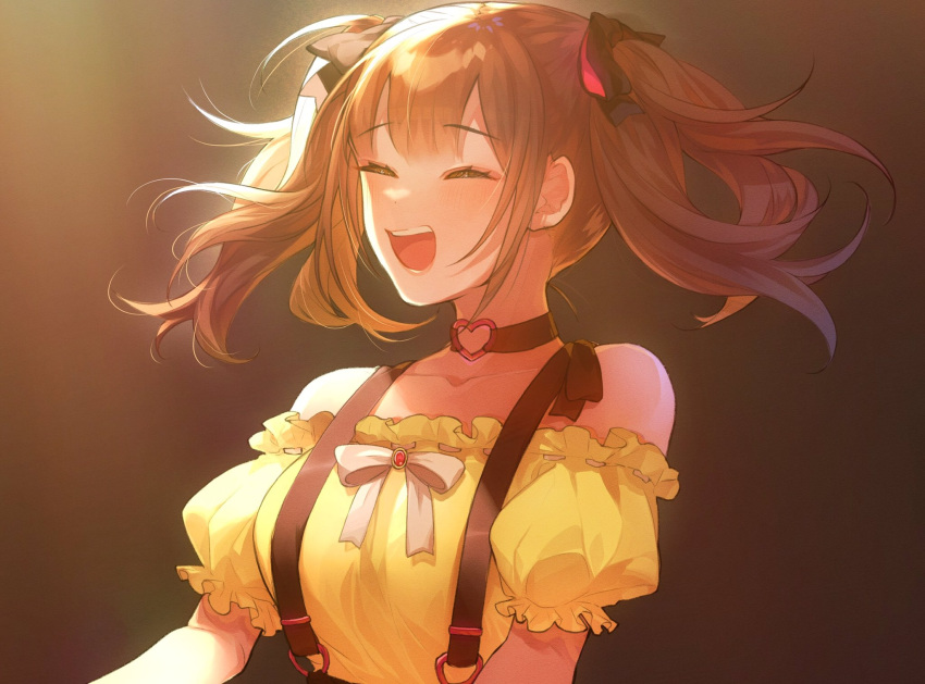 1girl :d ^_^ black_background bow breasts closed_eyes collarbone floating_hair frilled_shirt frills hair_behind_ear highres karupisusawa lee_roha medium_breasts nijisanji nijisanji_kr off-shoulder_shirt off_shoulder open_mouth shirt smile solo suspenders twintails upper_body virtual_youtuber white_bow yellow_shirt