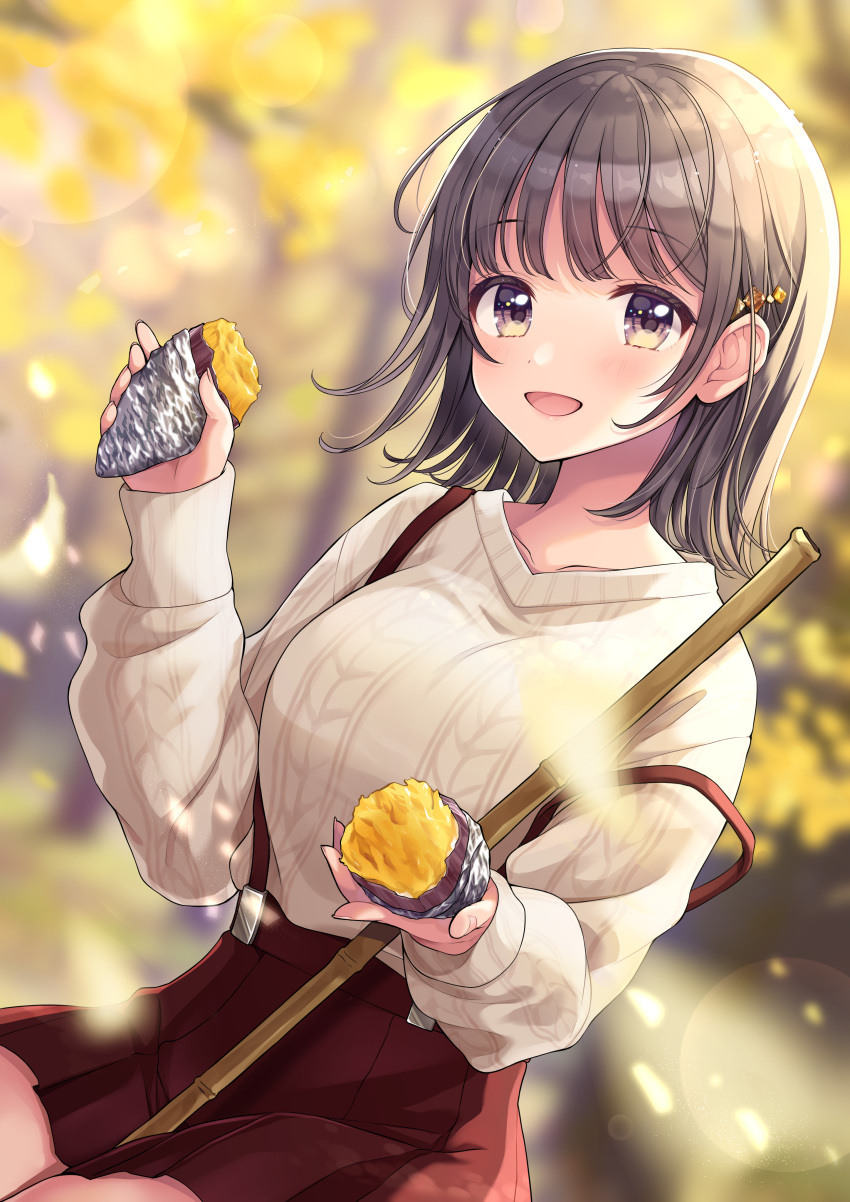 1girl :d absurdres akowazaki aran_sweater autumn autumn_leaves bamboo bamboo_broom bangs between_legs blurry blurry_background blush breasts broom brown_hair collarbone commentary_request day depth_of_field eyebrows_visible_through_hair food ginkgo hair_ornament hairclip highres holding holding_food large_breasts leaf long_sleeves looking_at_viewer maple_leaf medium_breasts miniskirt open_mouth original outdoors pleated_skirt pov red_skirt short_hair sitting skirt smile solo suspender_skirt suspenders sweater sweet_potato thighs violet_eyes white_sweater
