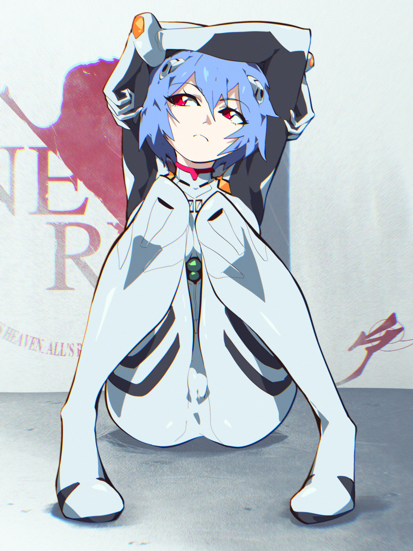 1girl absurdres aetherion arms_up ayanami_rei bangs blue_hair bodysuit closed_mouth eyebrows_visible_through_hair frown full_body hair_ornament highres interface_headset knees_together_feet_apart looking_to_the_side neon_genesis_evangelion nerv on_floor plugsuit red_eyes short_hair sitting solo wall white_bodysuit