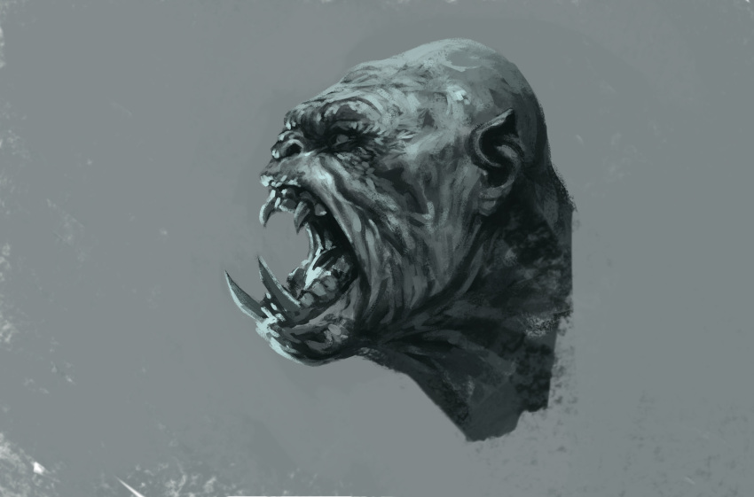 1boy absurdres bald cropped_shoulders face fangs from_side gradient gradient_background grey_background highres kalmahul male_focus open_mouth orc original profile realistic shiny shiny_skin teeth traditional_media