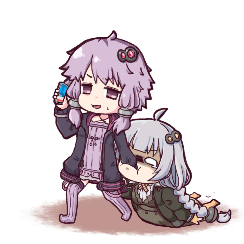 2girls annoyed biting_hand black_dress black_jacket braid cellphone chibi criss-cross_halter dragging dress full_body grey_hair hair_ornament hair_tubes halterneck hand_in_mouth highres holding holding_phone hood hooded_jacket jacket kizuna_akari long_hair multiple_girls no_shoes orange_legwear phone purple_dress purple_hair purple_legwear sakana_(syake) short_hair_with_long_locks sidelocks smartphone standing sweat tears thigh-highs twin_braids v-shaped_eyebrows very_long_hair vocaloid voiceroid yuzuki_yukari