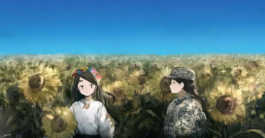 2girls blue_sky braid braided_ponytail brown_hair expressionless field flower hat highres looking_at_another military military_hat military_uniform msc_nm multiple_girls original outdoors signature simple_background sky smile sunflower ukraine ukrainian_clothes uniform walking