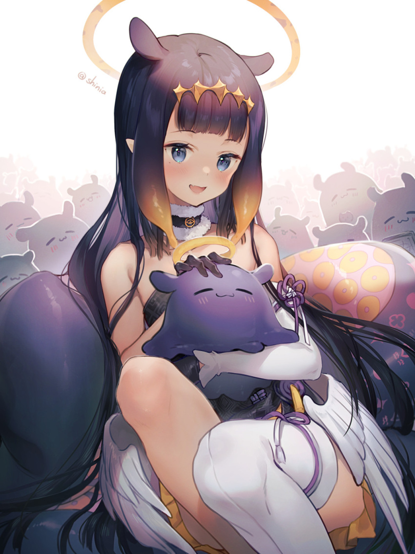 1girl :3 :d bangs bare_shoulders black_dress black_hair blue_eyes blush brown_hair closed_eyes closed_mouth commentary_request dress eyebrows_visible_through_hair feet_out_of_frame gradient_hair halo highres holding hololive hololive_english long_hair multicolored_hair ninomae_ina'nis petting shinia single_thighhigh smile strapless strapless_dress tako_(ninomae_ina'nis) tentacles thigh-highs twitter_username very_long_hair virtual_youtuber white_background white_legwear