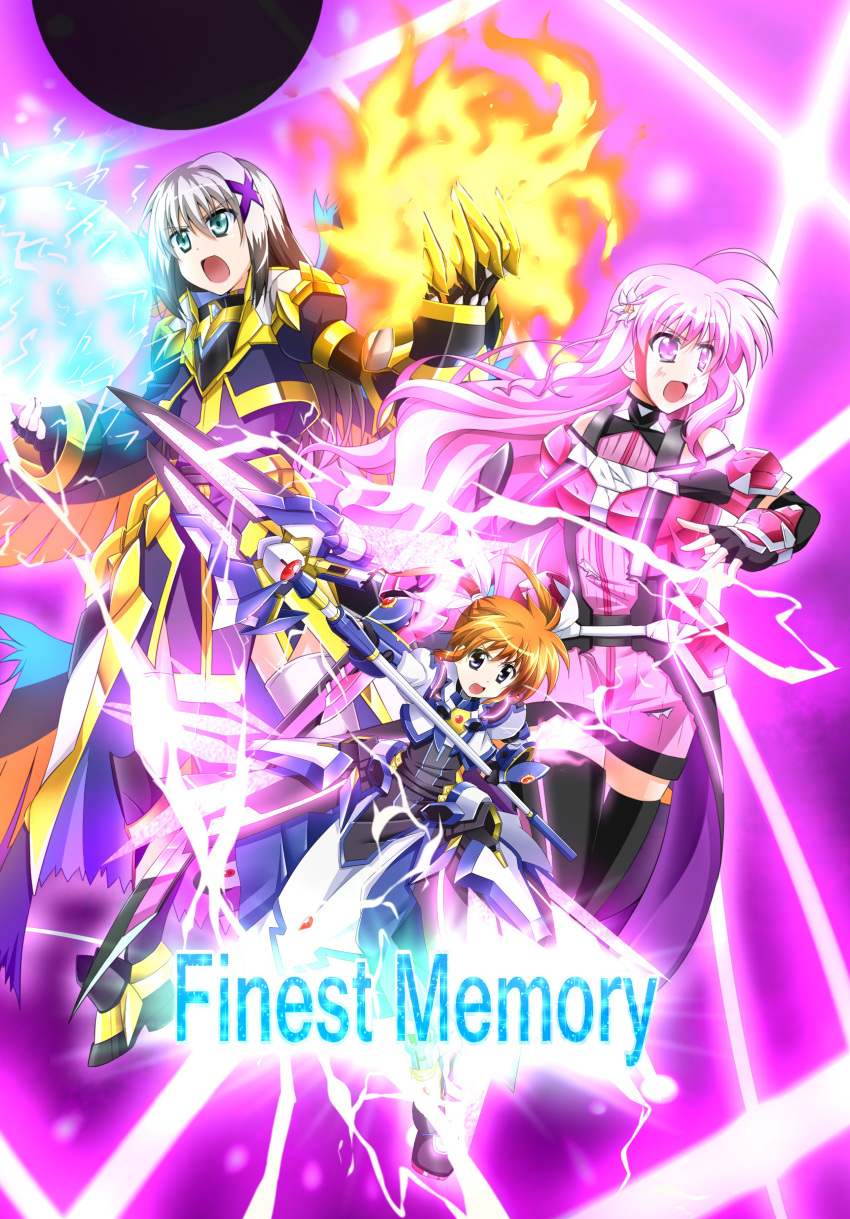 3girls absurdres ahoge apron aqua_eyes armor armored_dress armored_skirt bangs black_gloves black_hair black_jacket blue_eyes brown_hair commentary_request cover cover_page cropped_jacket doujin_cover dress elbow_gloves electricity english_text fingerless_gloves fire flame flower frown gauntlets gloves grey_hair hair_flower hair_ornament hair_ribbon highres holding holding_staff jacket juliet_sleeves kyrie_florian long_dress long_sleeves lyrical_nanoha magical_girl mahou_shoujo_lyrical_nanoha_detonation material-l multicolored_hair multiple_girls open_mouth pink_dress pink_eyes pink_hair puffy_sleeves raising_heart ribbon short_dress short_hair staff takamachi_nanoha twintails two-tone_hair waist_apron white_dress white_ribbon x_hair_ornament yorousa_(yoroiusagi)