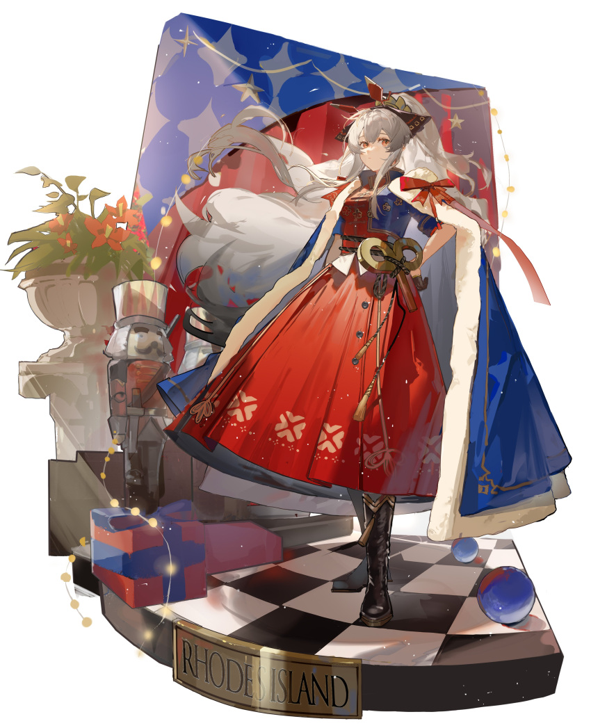 1girl 9degree absurdres arknights bangs boots bow cape closed_mouth dress hair_bow hand_on_hip highres long_dress long_hair official_alternate_costume ponytail red_dress red_eyes ribbon silver_hair solo symbol-only_commentary tassel weedy_(arknights) weedy_(candy_cape)_(arknights) winding_key