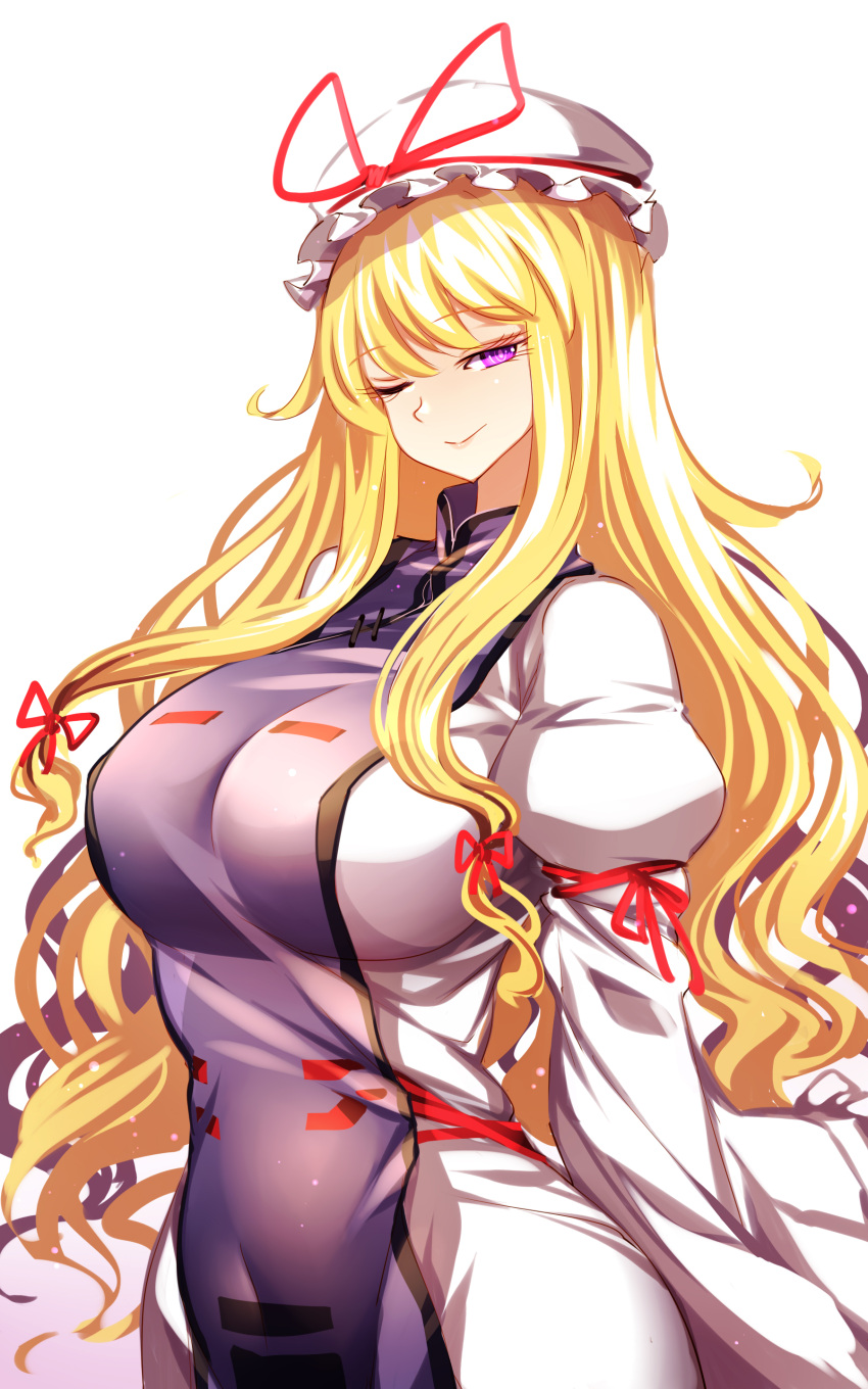 1girl absurdres blonde_hair breasts dress hat hat_ribbon highres large_breasts long_hair long_sleeves mob_cap multi-tied_hair one_eye_closed parasol raptor7 red_ribbon ribbon sidelocks simple_background sleeve_ribbon smile solo tabard touhou trigram umbrella white_background white_dress wide_hips wide_sleeves yakumo_yukari yellow_eyes