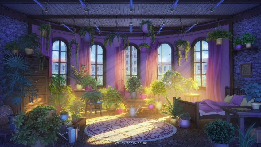 artist_name bed bed_sheet box building carpet clouds commentary_request curtains dankalaning day english_text flower_pot hanging highres no_humans original pillow plant scenery shade shelf sky sunlight table tree watering_can window