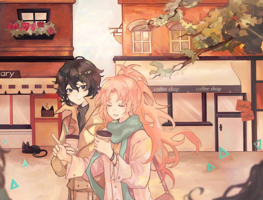 2boys beige_coat black_hair black_sweater blue_eyes bracelet cafe cat chinese_commentary closed_eyes closed_mouth coat coffee_cup cross cross_necklace cup disposable_cup hatsutori_hajime high_ponytail highres holding holding_cup jewelry long_hair multiple_boys necklace open_mouth outdoors pink_hair pointing ponytail saibou_shinkyoku scarf short_hair sleeve_cuffs sweater tree turtleneck turtleneck_sweater underthebackground utsugi_noriyuki white_coat
