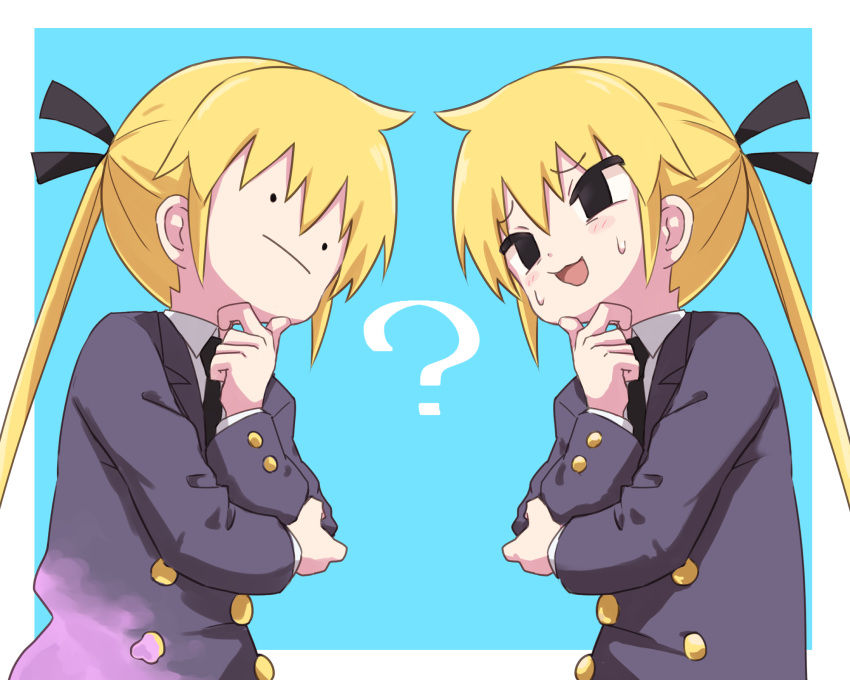 2girls :3 :d ? arm_across_chest bangs black_eyes black_necktie black_ribbon blazer blonde_hair blue_background border chin_stroking closed_mouth collared_shirt crossover ditto empty_eyes eye_contact eyebrows_visible_through_hair from_side hair_ribbon hand_on_own_chin hand_up highres imitating jacket kill_me_baby long_hair long_sleeves looking_at_another multiple_girls necktie nervous_smile open_mouth outside_border pokemon purple_jacket ribbon school_uniform shirt simple_background smile solid_circle_eyes sonya_(kill_me_baby) sweat thinking transformed_ditto twintails upper_body white_border white_shirt yachima_tana