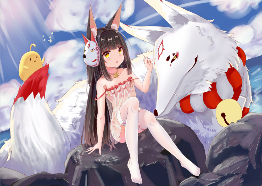 1girl 2others animal_ear_fluff animal_ears azur_lane bikini bird black_hair camisole chick chinese_commentary clouds date_shichuan_majiang fang fox fox_ears fox_mask fox_tail full_body legs long_hair manjuu_(azur_lane) mask mask_on_head multiple_others nagato_(azur_lane) nagato_(great_fox's_respite)_(azur_lane) open_mouth outdoors red_bikini see-through sitting sky strap_slip swimsuit tail thigh-highs thighs very_long_hair white_legwear yellow_eyes