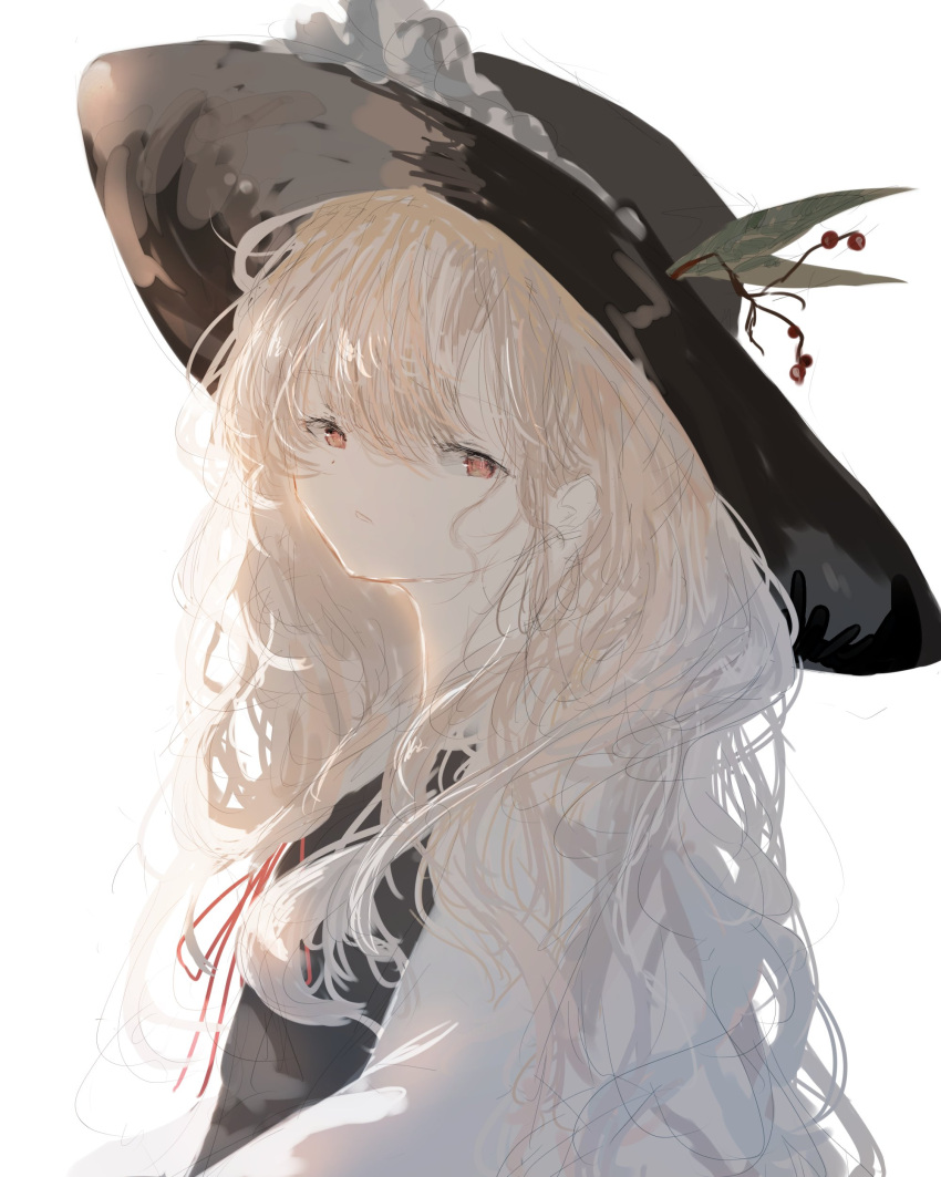 1girl absurdres agasa_(akasa_anodan) blonde_hair brown_headwear brown_vest expressionless extra fedora frilled_hat frills hat hat_feather highres jacket_girl_(dipp) long_hair long_sleeves looking_at_viewer red_eyes red_neckwear red_ribbon ribbon shirt simple_background touhou very_long_hair vest wavy_hair white_background white_shirt