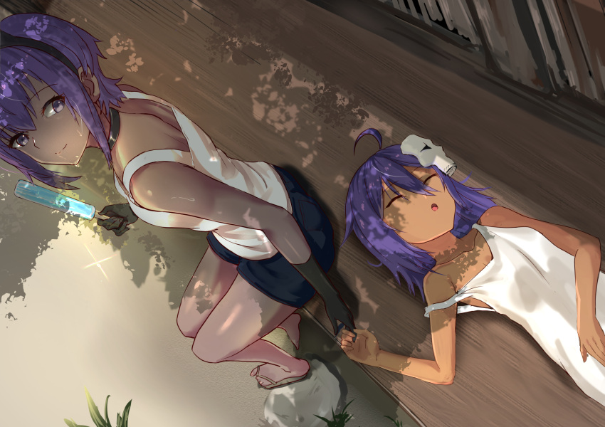 2girls ahoge bare_arms bare_legs bare_shoulders child_assassin_(fate/zero) dark-skinned_female dark_skin fate/grand_order fate_(series) food hairband hassan_of_serenity_(fate) highres holding holding_food holding_hands jikihatiman looking_at_another lying mask mask_on_head multiple_girls open_mouth popsicle purple_hair shadow shirt short_hair shorts sitting skirt sleeping smile violet_eyes