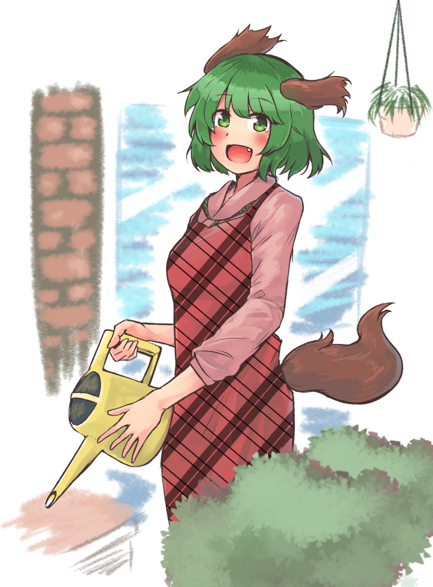 1girl animal_ears apron blush breasts brick bush dog_ears dog_tail dress fang fern ginnkei green_eyes green_hair hanging_plant highres kasodani_kyouko long_sleeves looking_at_viewer open_mouth pink_shirt plaid plaid_apron shirt short_hair small_breasts solo standing tail touhou watering watering_can window