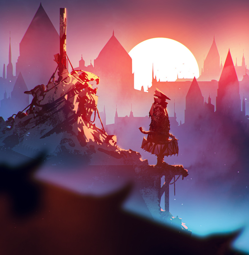 1other absurdres ambiguous_gender bloodborne blurry blurry_foreground brown_headwear city commentary from_side gradient gradient_background hat highres holding holding_weapon hunter_(bloodborne) kalmahul long_sleeves outdoors saw_cleaver scenery standing sunset tricorne weapon