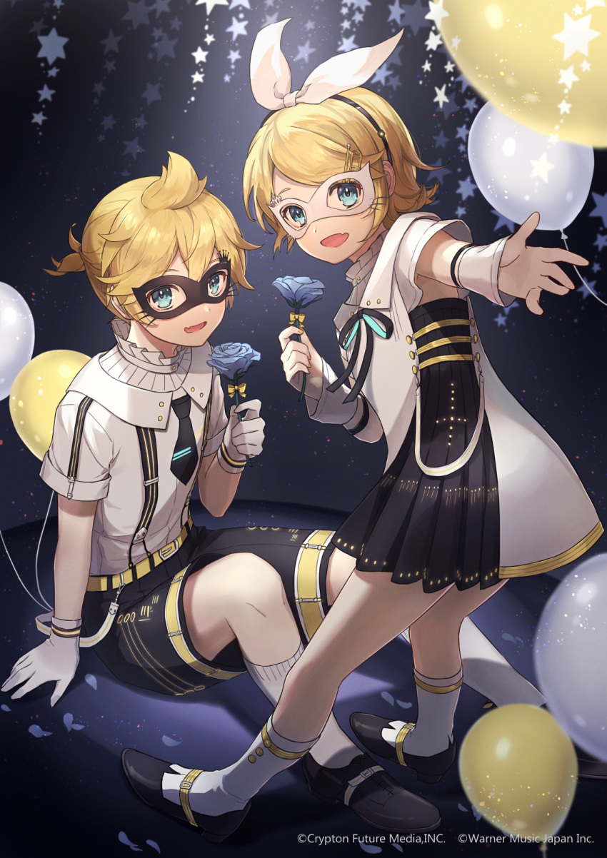 1boy 1girl ashika_(yftcc948) balloon blonde_hair blue_eyes blue_flower blue_rose brother_and_sister commentary flower gloves hair_ornament hairclip highres kagamine_len kagamine_rin looking_at_viewer mask miku_symphony_(vocaloid) official_art rose short_hair siblings smile twins vocaloid