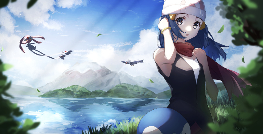 1girl absurdres beanie black_shirt blue_hair bracelet clouds commentary_request day eyelashes floating_hair floating_scarf grey_eyes hat highres hikari_(pokemon) jewelry lake leaves_in_wind light_rays long_hair mesprit mountain outdoors piplup pokemon pokemon_(creature) pokemon_(game) pokemon_dppt red_scarf scarf shirt sky sleeveless sleeveless_shirt staraptor wata0933 water white_headwear
