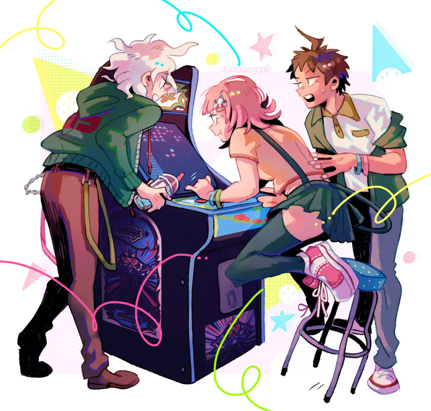 1girl 2boys ahoge alternate_costume arcade_cabinet bangs blue_background breasts brown_pants brown_shirt collared_shirt danganronpa_(series) danganronpa_2:_goodbye_despair flipped_hair galaga green_jacket green_legwear green_skirt hair_ornament highres hinata_hajime hood hood_down hooded_jacket jacket komaeda_nagito large_breasts medium_hair multiple_boys nanami_chiaki nena_(nenanugget) open_mouth pants pink_hair pleated_skirt red_background shiny shiny_hair shirt short_hair short_sleeves skirt standing stool suspender_skirt suspenders teeth thigh-highs upper_teeth watermark white_background white_shirt yellow_background