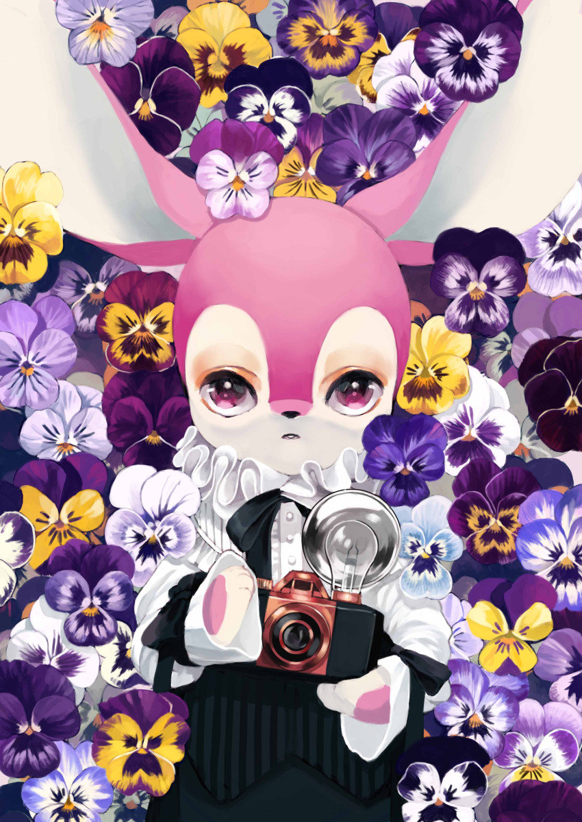 1girl absurdres animal_ears animal_hands animal_nose antique_camera black_ribbon black_skirt buttons camera commentary field flat_chest flower flower_field from_above furry furry_female hands_up highres holding holding_camera jpeg_artifacts light_bulb long_sleeves looking_at_viewer lying mayumochini neck_ribbon neck_ruff on_back on_ground open_mouth original pink_eyes pink_flower pink_fur purple_flower ribbon shirt skirt snout solo straight-on suspender_skirt suspenders suspenders_slip two-tone_fur upper_body white_flower white_fur white_shirt yellow_flower
