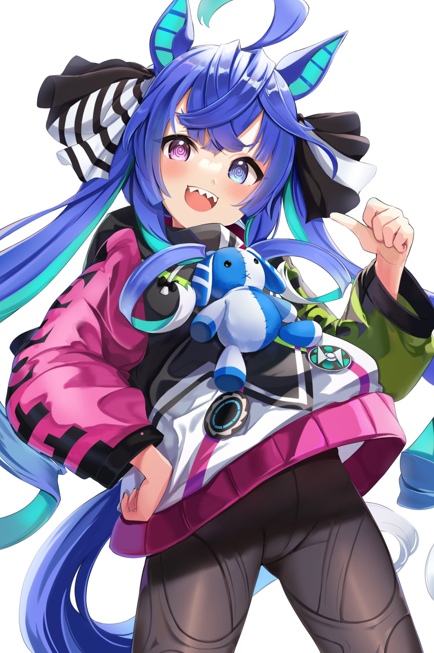 1girl :d @_@ absurdres ahoge animal_ears bangs blue_hair brown_legwear commentary cowboy_shot crotch crotch_seam eyebrows_visible_through_hair groin hair_ribbon hand_on_hip hand_up heterochromia highres hood hoodie horse_ears horse_girl horse_tail j_young long_hair long_sleeves looking_at_viewer multicolored_clothes multicolored_hoodie open_mouth pantyhose pointing pointing_at_self ribbon sharp_teeth simple_background smile solo standing stuffed_animal stuffed_bunny stuffed_toy tail teeth thumbs_up twin_turbo_(umamusume) twintails umamusume v-shaped_eyebrows very_long_hair violet_eyes white_background