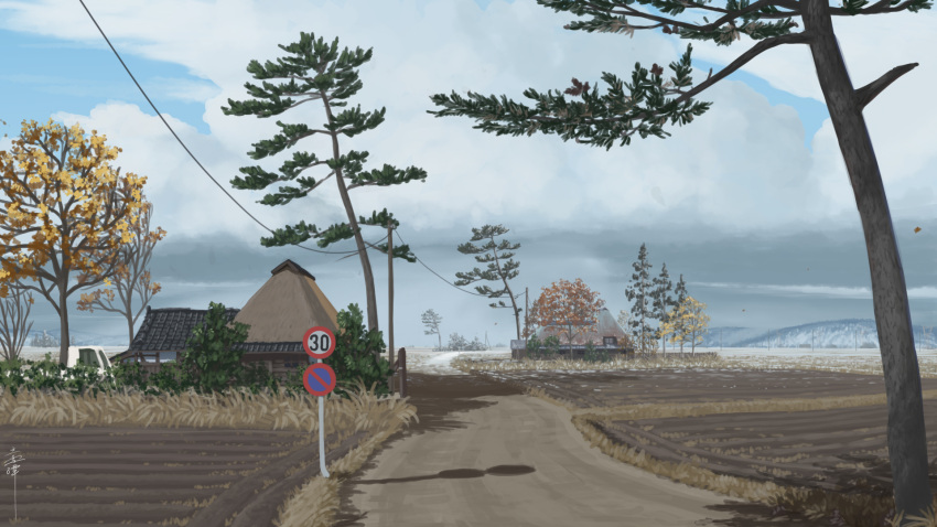 autumn building clouds cloudy_sky commentary_request day farm field grass ground_vehicle highres hill house motor_vehicle no_humans original plant power_lines road road_sign rural scenery shadow sign signature sky snow tateyuki tree truck utility_pole