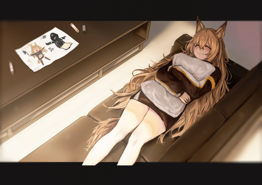 1girl ^_^ animal_ears arknights axe bangs bare_legs black_coat blurry blurry_foreground blush boots brown_hair buchi_k018 ceobe_(arknights) child_drawing closed_eyes coat couch crayon doctor_(arknights) dog_ears dog_girl dog_tail drawing fang feet_out_of_frame framed from_above hair_between_eyes highres holding holding_pillow holding_weapon hug jacket letterboxed long_hair long_sleeves lying mask mask_on_head object_hug on_back pillow red_eyes skin_fang smile solo table tail thighs weapon
