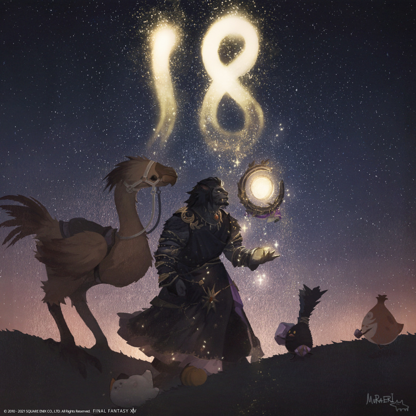 1boy animal_ears artist_name astrologian_(final_fantasy) avatar_(ffxiv) black_fur cat chocobo copyright countdown detached_sleeves fang fat_cat_(ff14) final_fantasy final_fantasy_xiv floating floating_object great_serpent_of_ronka highres hrothgar jewelry lion_ears necklace night night_sky official_art paissa robe signature sky spriggan_(final_fantasy) star_(sky) starry_sky weapon