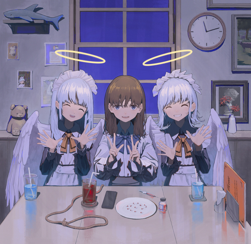 3girls absurdres analog_clock angel angel_wings apron bangs blue_eyes bow brown_hair clock closed_eyes commentary cup drinking_glass drinking_straw flower halo hands_up highres long_sleeves maid maid_apron medium_hair multiple_girls neck_ribbon noose open_hand open_hands open_mouth orange_ribbon original photo_(object) pill plant potted_plant ribbon shark short_hair shunken_he silver_hair smile stuffed_animal stuffed_toy syringe table teddy_bear tissue window wings