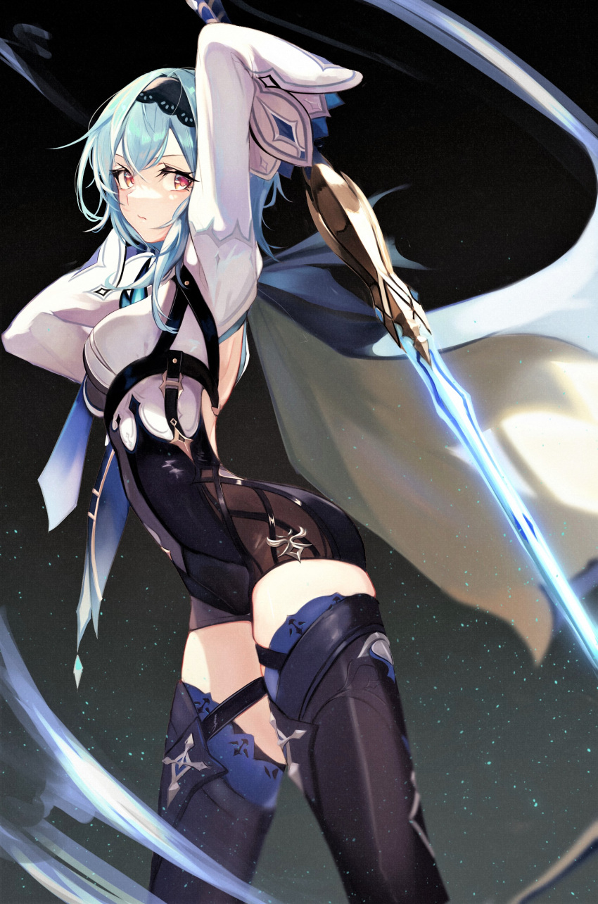 1girl absurdres arms_behind_head arms_up backless_outfit bangs black_gloves black_hairband black_legwear black_leotard blue_cape blue_hair blue_neckwear blush breasts cape eula_(genshin_impact) genshin_impact gloves greatsword hair_ornament hairband highres large_breasts leotard long_sleeves looking_at_viewer lumo_1121 medium_hair necktie sidelocks solo thigh-highs thighs violet_eyes