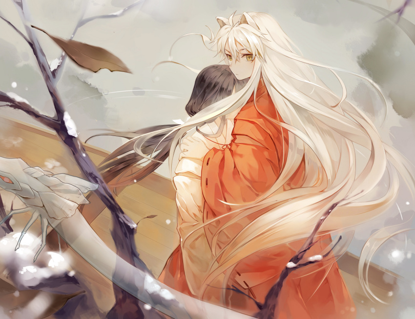 1boy 1girl animal_ears autumn_leaves bangs black_hair boat branch commentary_request covered_face floating_hair from_above frown hakama hand_on_another's_shoulder inuyasha inuyasha_(character) j-rin japanese_clothes kikyou_(inuyasha) long_hair looking_to_the_side low_ponytail miko ponytail red_hakama ribbon-trimmed_sleeves ribbon_trim ripples river shinidamachuu snow standing transparent very_long_hair watercraft white_hair wide_sleeves wolf_ears yellow_eyes
