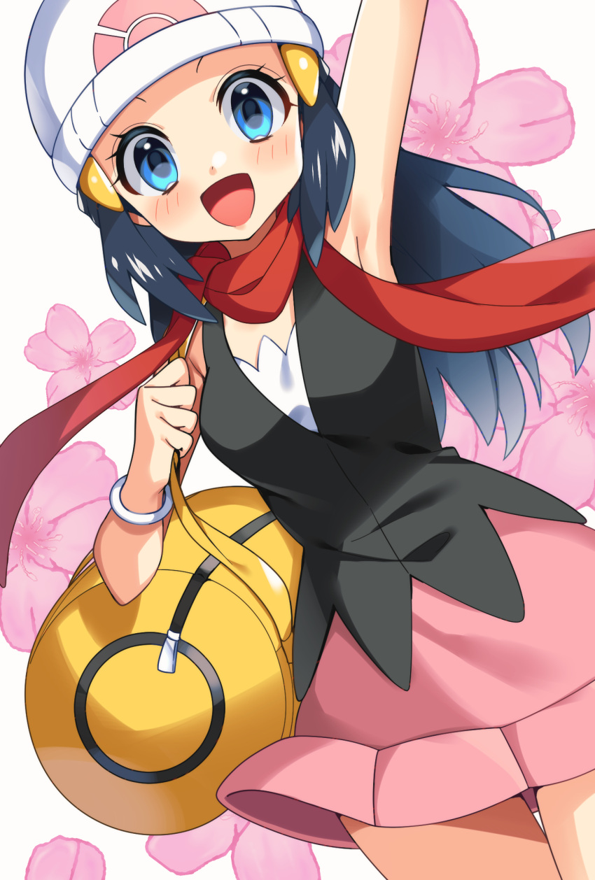 1girl :d arm_up armpits bag beanie black_shirt blue_eyes blush commentary_request duffel_bag eyelashes floating_scarf flower happy hat highres hikari_(pokemon) holding_strap open_mouth pink_flower pink_skirt pokemon pokemon_(game) pokemon_dppt red_scarf scarf shirt skirt sleeveless sleeveless_shirt smile solo tongue white_headwear yellow_bag yuihico