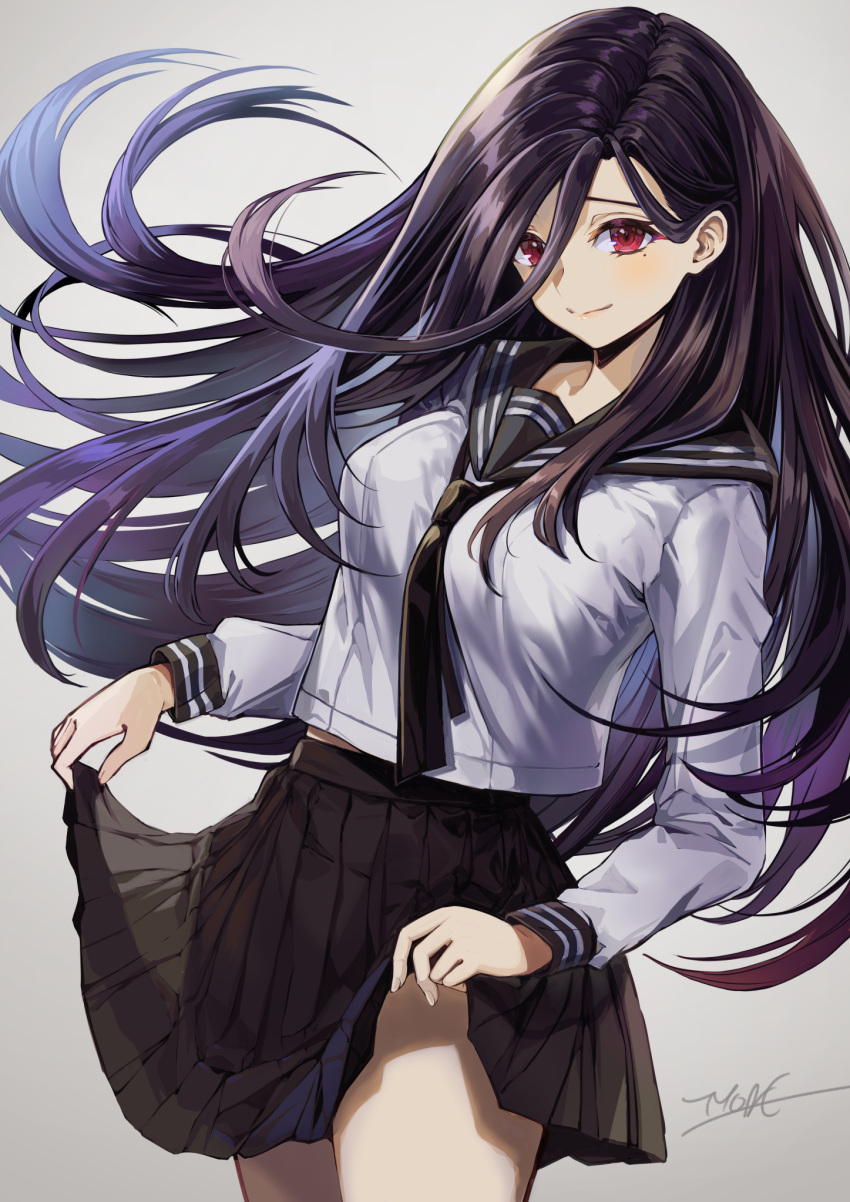 1girl bangs black_hair black_necktie black_sailor_collar black_skirt breasts clothes_lift cowboy_shot floating_hair gradient gradient_background grey_background grey_shirt hair_between_eyes highres long_hair medium_breasts mole mole_under_eye necktie original pleated_skirt red_eyes sailor_collar school_uniform serafuku shirt signature skirt skirt_lift smile solo tyone