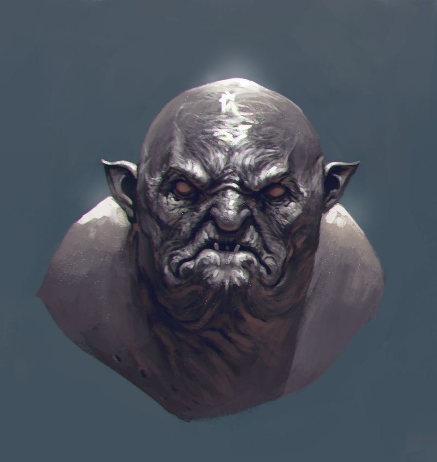 1boy absurdres bald brown_eyes cropped_shoulders gradient gradient_background highres kalmahul looking_at_viewer male_focus orc original parted_lips pointy_ears realistic shiny shiny_skin solo teeth