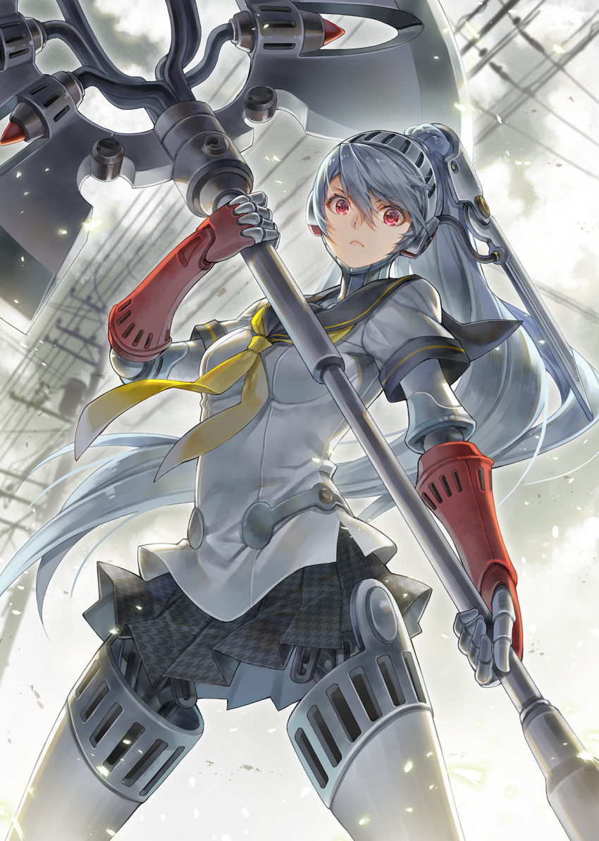 &gt;:( 1girl android bangs black_sailor_collar black_skirt breasts closed_mouth commentary_request eyebrows_visible_through_hair grey_hair hagure_keg hair_between_eyes highres holding holding_weapon houndstooth joints labrys_(persona) neckerchief persona persona_4:_the_ultimate_in_mayonaka_arena pleated_skirt power_lines print_skirt red_eyes robot_joints sailor_collar shirt short_sleeves skirt small_breasts solo utility_pole v-shaped_eyebrows weapon white_shirt yellow_neckwear