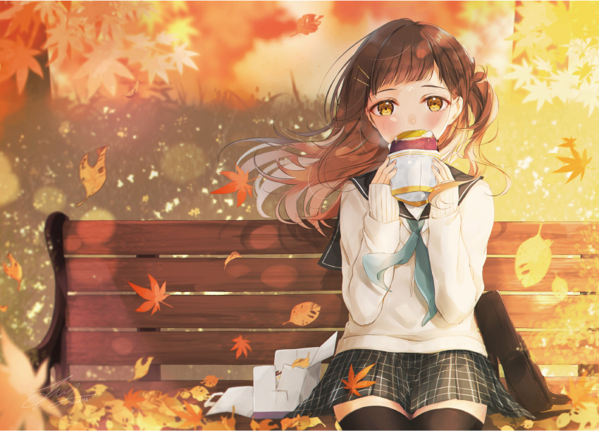 1girl autumn_leaves bangs bench black_legwear black_sailor_collar black_skirt blush brown_eyes brown_hair commentary_request floating_hair food green_neckwear hair_ornament hairclip hands_up highres holding holding_food leaf long_hair long_sleeves looking_at_viewer maple_leaf neckerchief on_bench one_side_up original park_bench pleated_skirt sailor_collar school_briefcase school_uniform serafuku shirt sitting skirt sleeves_past_wrists solo sweater sweet_potato takuki_takuki thigh-highs white_shirt white_sweater yakiimo