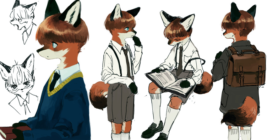 1boy absurdres animal_ears animal_nose aqua_eyes backpack bag bangs black_coat black_fur black_necktie blue_sweater bob_cut body_fur book breast_pocket brown_fur brown_hair child closed_mouth coat collared_shirt commentary fangs fox_ears fox_girl fox_tail from_behind furry furry_male green_footwear grey_shorts hand_to_own_mouth hand_up highres holding holding_book kneehighs long_sleeves looking_at_viewer looking_down male_focus mayumochini multiple_views necktie open_book open_mouth original partially_colored pocket shiny shiny_hair shirt shirt_tucked_in shoes short_hair shorts sideways_mouth simple_background sitting sketch snout standing suspender_shorts suspenders suspenders_slip sweater tail upper_body white_background white_fur white_legwear white_shirt